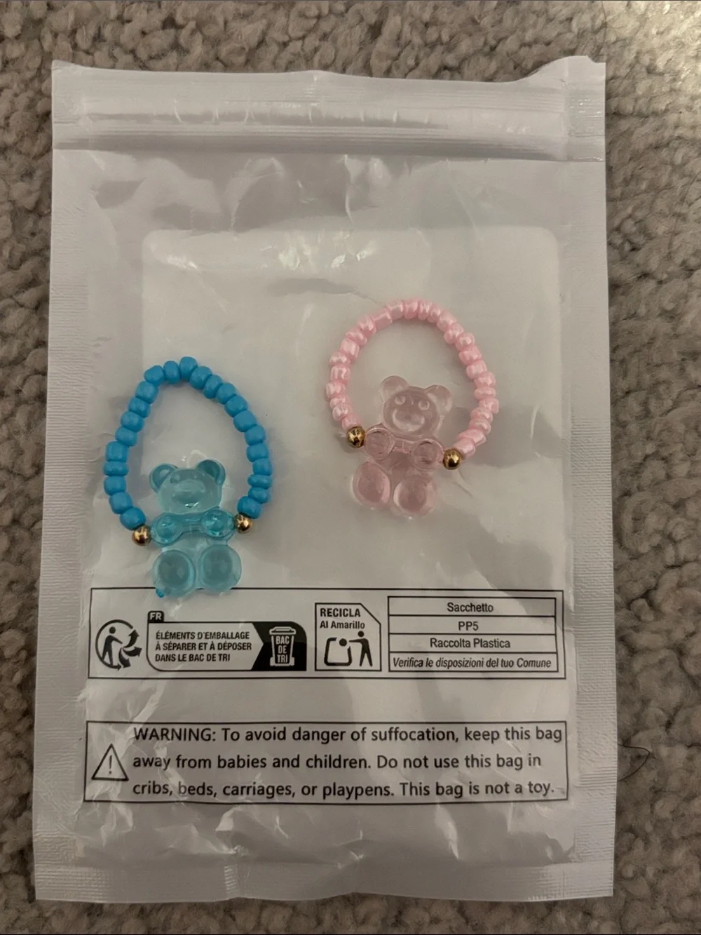 Kids Beaded Gummy Bear Rings - Pink & Blue
